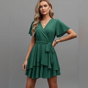 Two Layer Hem Belted Dress Green